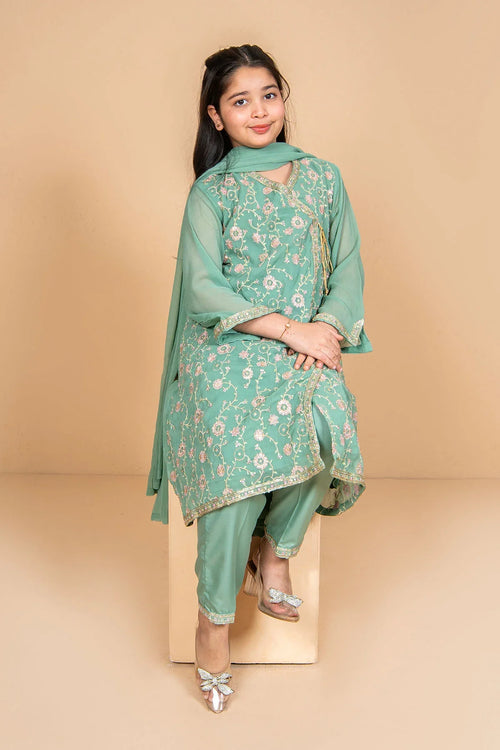 Girl in mint green embroidered kurta set with matching dupatta, stylish kids fashion