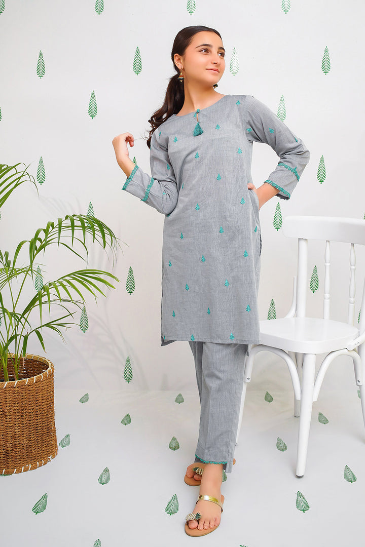 Chambray Embroidered 2 Pc Suit - Wear Ochre