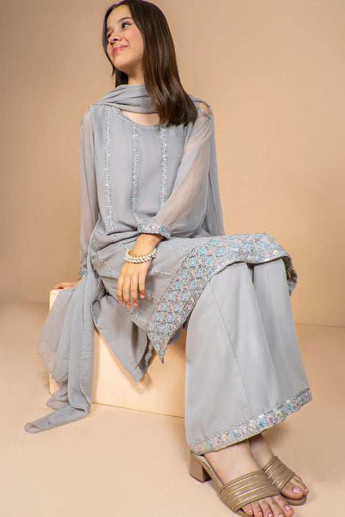 Grey embroidered women's suit with sheer sleeves and embellished pants, stylish for any occasion