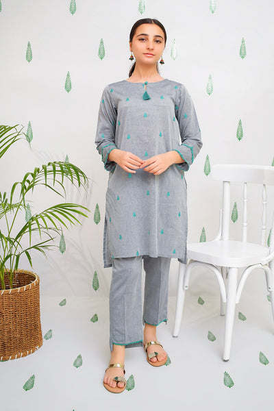 Chambray Embroidered 2 Pc Suit