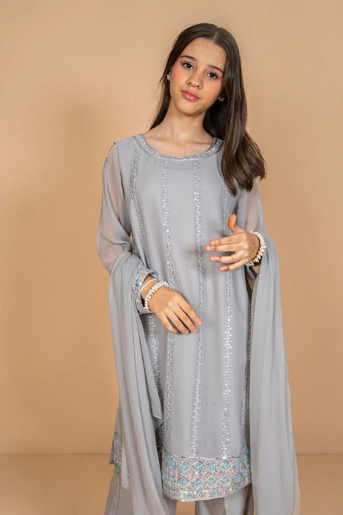 Grey embroidered girls' kurta with sheer sleeves and dupatta, perfect for festive occasions