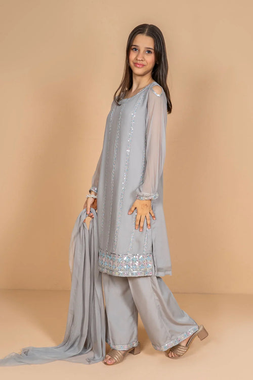 Grey girls' embroidered kurta set with sequin detailing, palazzo pants, and dupatta for festive occasions