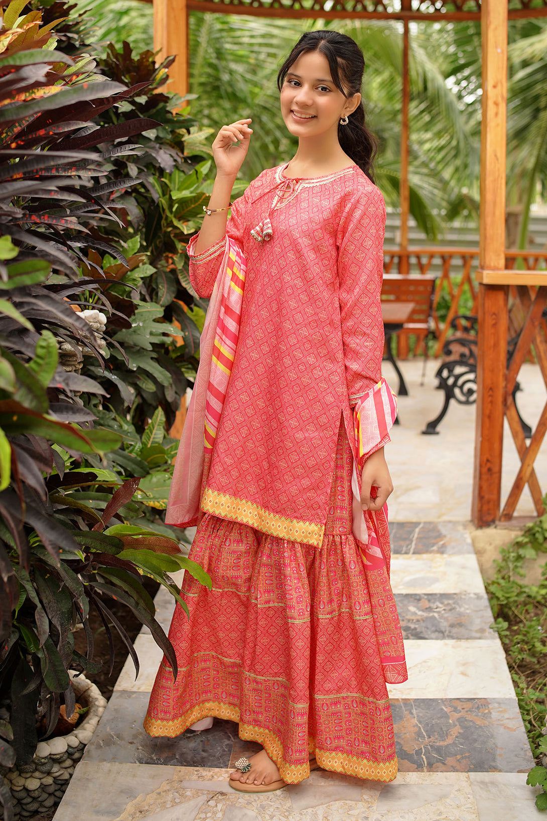 Herringbone Digital Printed 3 Pc Suit - Wear Ochre