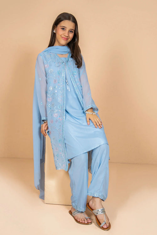 Light blue embroidered girls' shalwar kameez with matching dupatta, stylish for casual or festive wear