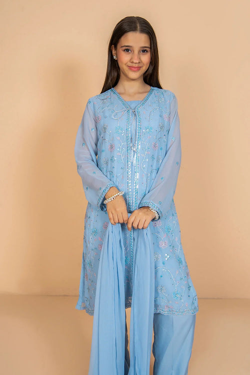 Light blue embroidered girls' kurta set with matching pants and dupatta, perfect for festive occasions.