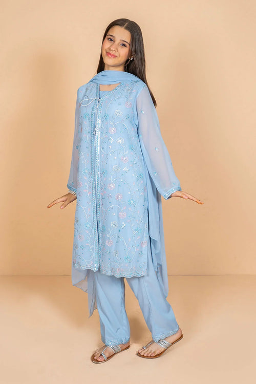 Light blue embroidered girls' kurta set with matching dupatta, perfect for festive occasions and everyday wear.