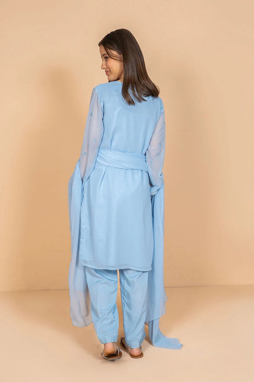 Light blue embroidered kurta set with matching pants and dupatta, stylish women's ethnic wear