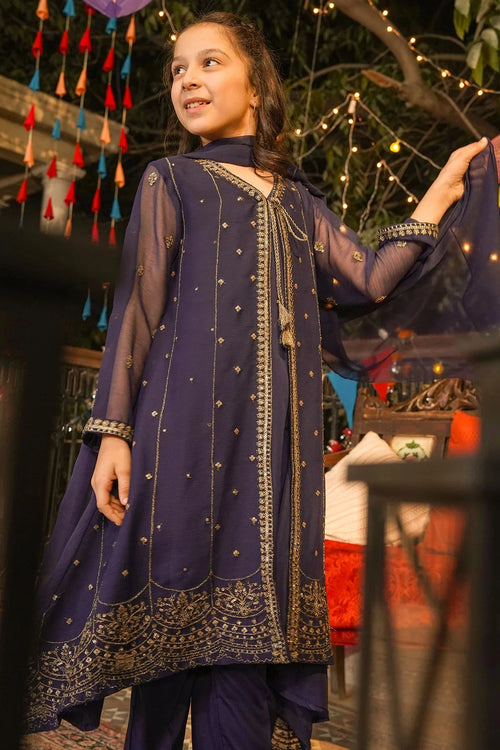 Elegant navy blue kids' outfit with gold embroidery, perfect for festive occasions
