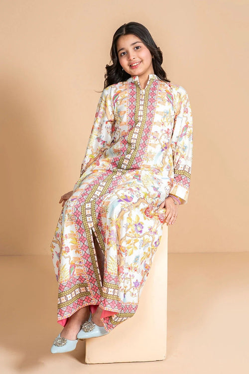Girl in floral printed kurta with pink and gold trim, styled for casual wear
