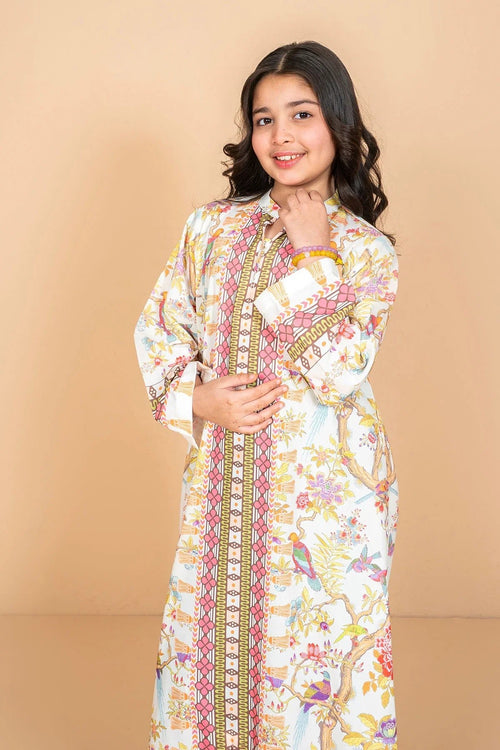Girl in colorful floral print dress with bird pattern, trendy kids fashion for everyday wear