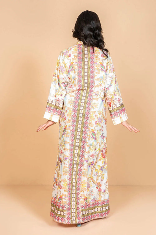 Floral print long robe with bird pattern, back view, women's fashion
