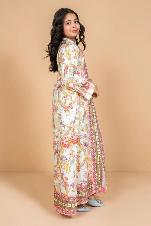 Girl wearing floral print long dress with side slit, trendy kids fashion outfit