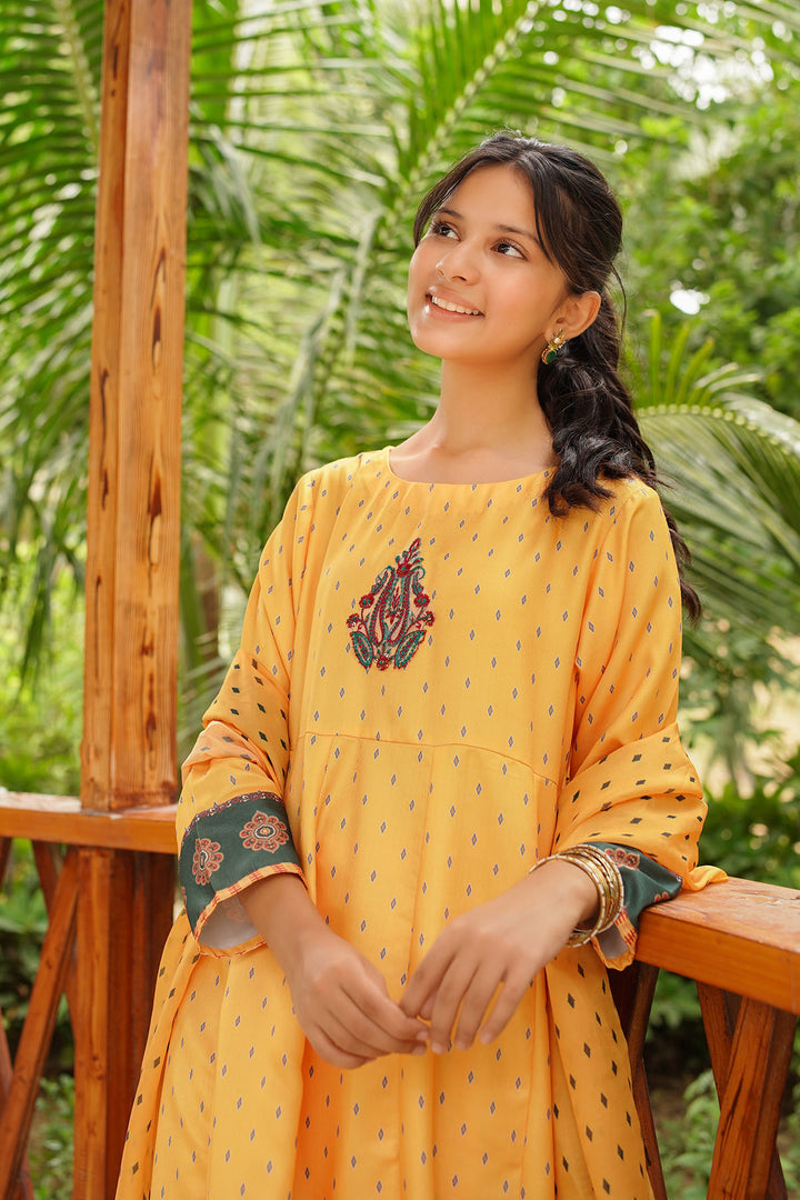 Herringbone Digital Printed 3 Pc Suit - Wear Ochre