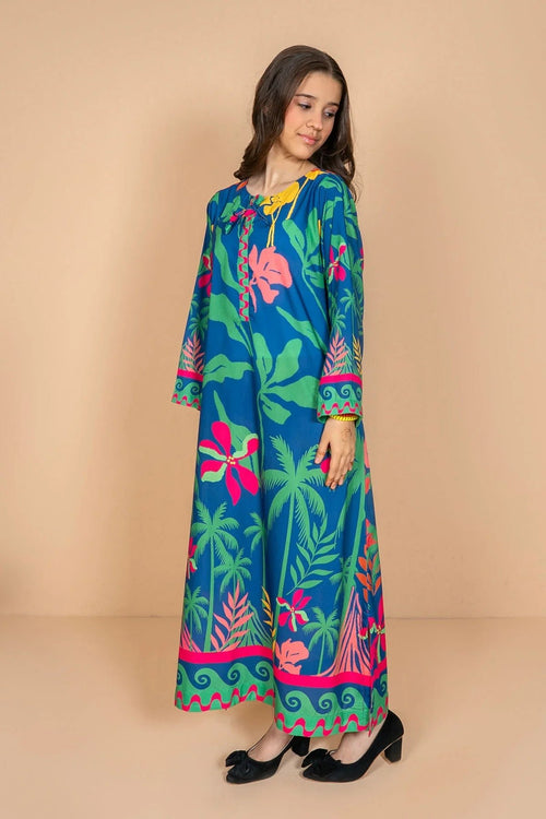Tropical print girls' long dress with palm trees and flowers, stylish summer outfit