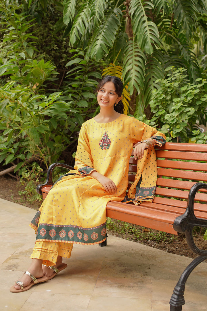 Herringbone Digital Printed 3 Pc Suit - Wear Ochre