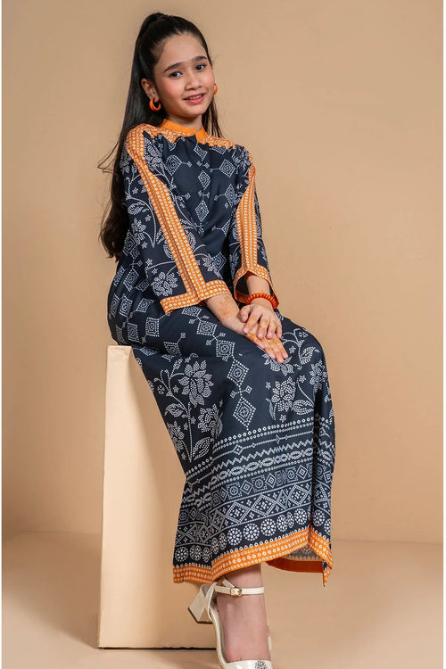 Girl wearing navy blue printed kurta with orange trim, stylish kids fashion for everyday wear