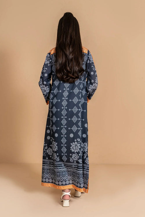 Navy blue printed maxi dress with orange trim, back view, stylish women's fashion