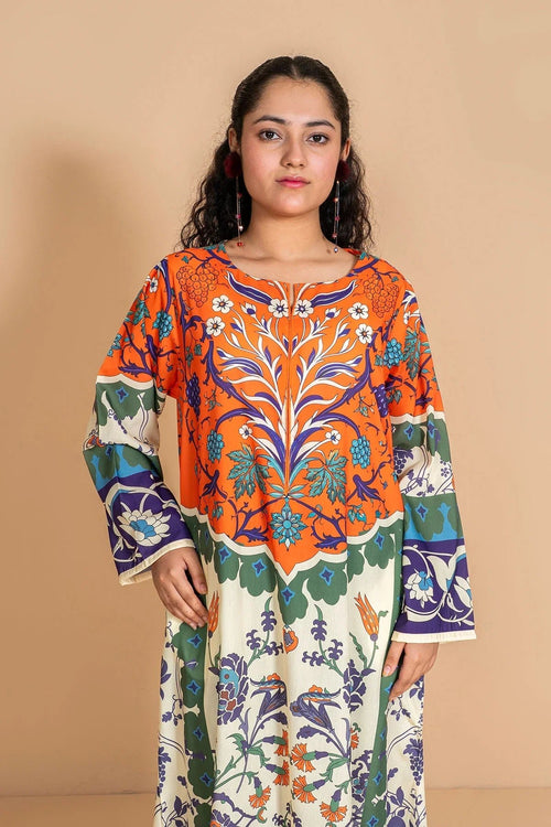 Vibrant floral printed kaftan dress for women, perfect for casual wear and special occasions.