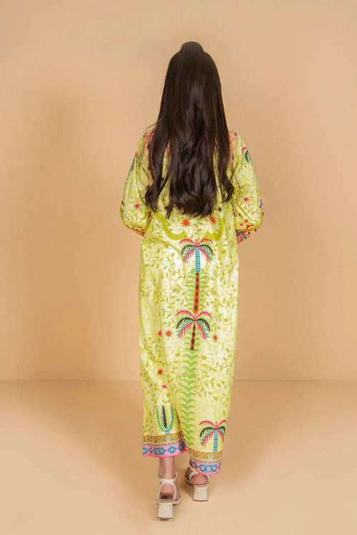 Back view of woman in vibrant yellow palm print kaftan dress with colorful trim, styled for summer fashion.
