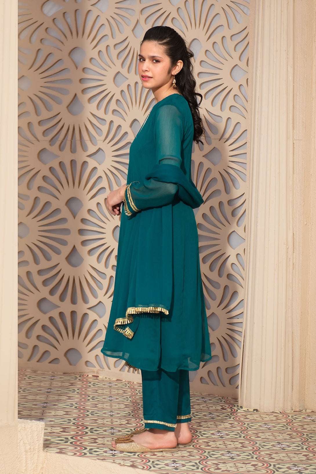 Chiffon Hand Adda Work 3 Pc Suit - Wear Ochre