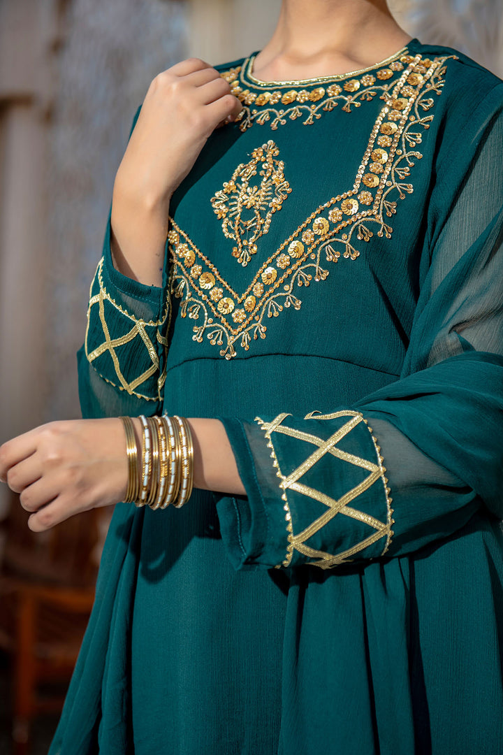 Chiffon Hand Adda Work 3 Pc Suit - Wear Ochre
