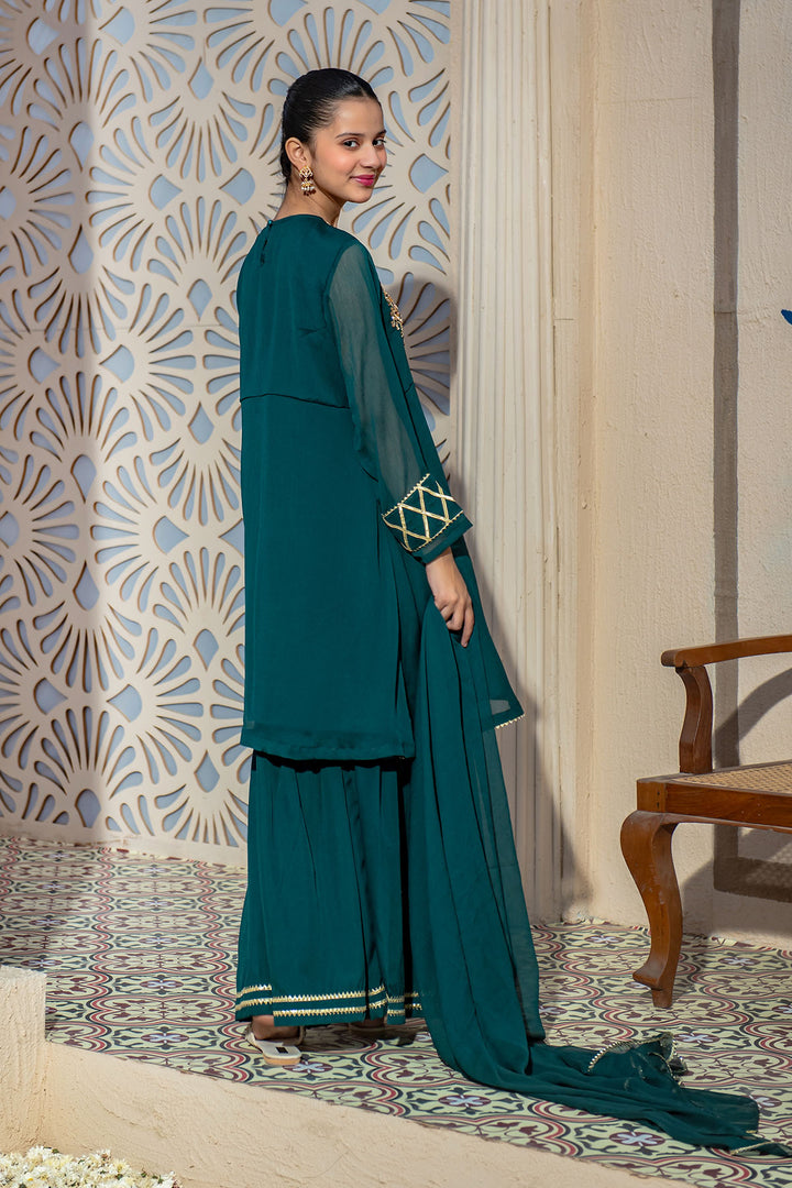Chiffon Hand Adda Work 3 Pc Suit - Wear Ochre