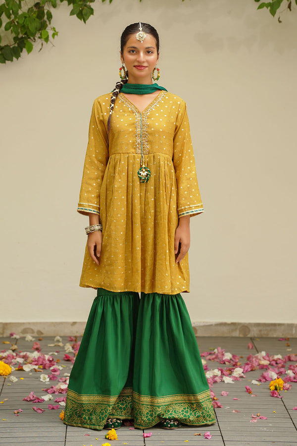 Slub Manar Hand Adda Work 3 Pc Suit - Wear Ochre