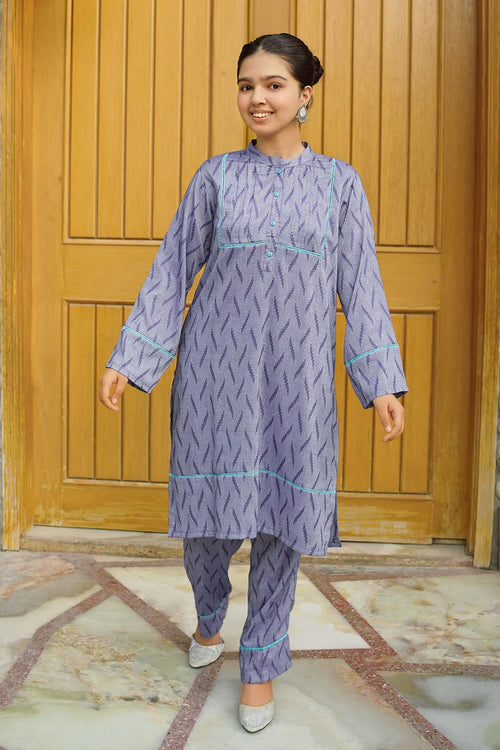 Chambray Cotton Embellished 2 Pc Suit - Wear Ochre