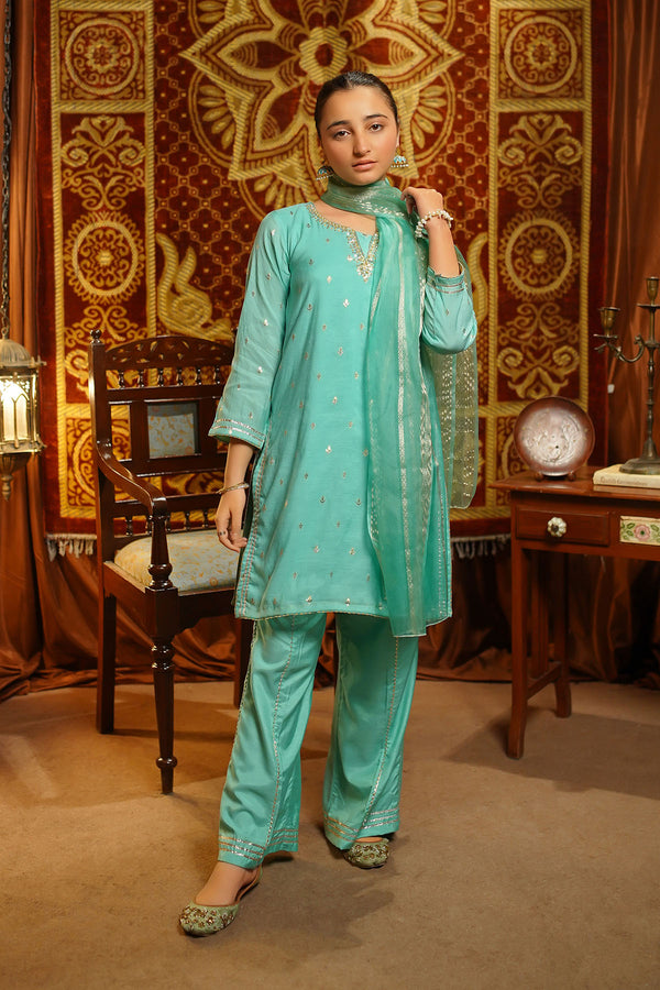 Viscose Jacquard Hand Adda Work 3 Pc Suit - Trendy Eid dress design for 2025. Elegant, stylish, and perfect for festive celebrations.