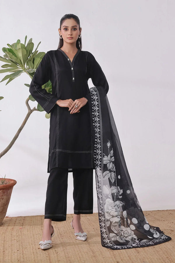 Traditional black cotton suit for women with embroidered detailing, matching dupatta, and a comfortable 3-piece design