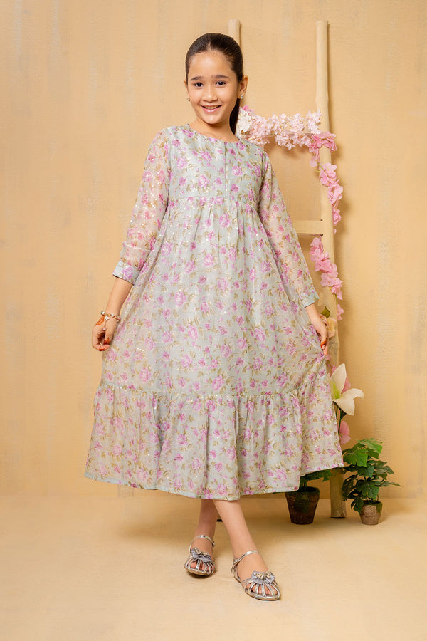 Charming Floral Georgette Maxi Dress for Girls – Elegant Printed Party Wear with Soft Fabric & Flowy Design. 