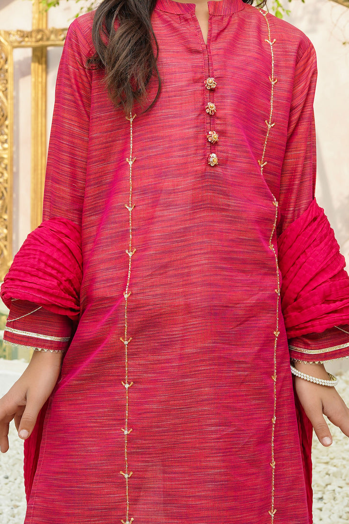 Multi Yarn Cotton Hand Adda Work 3 Pc Suit - Wear Ochre