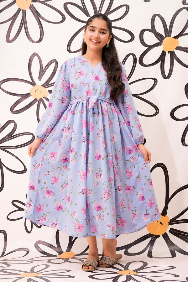 Elegant floral printed georgette dress with a full-length design, perfect for any occasion. 