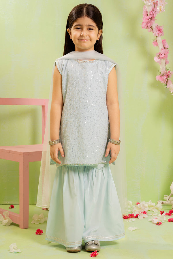 Shop Sequence Embroidered Net 3 Pc Suit in stunning Ice Blue—elegant, stylish, and comfortable dress for girls.
