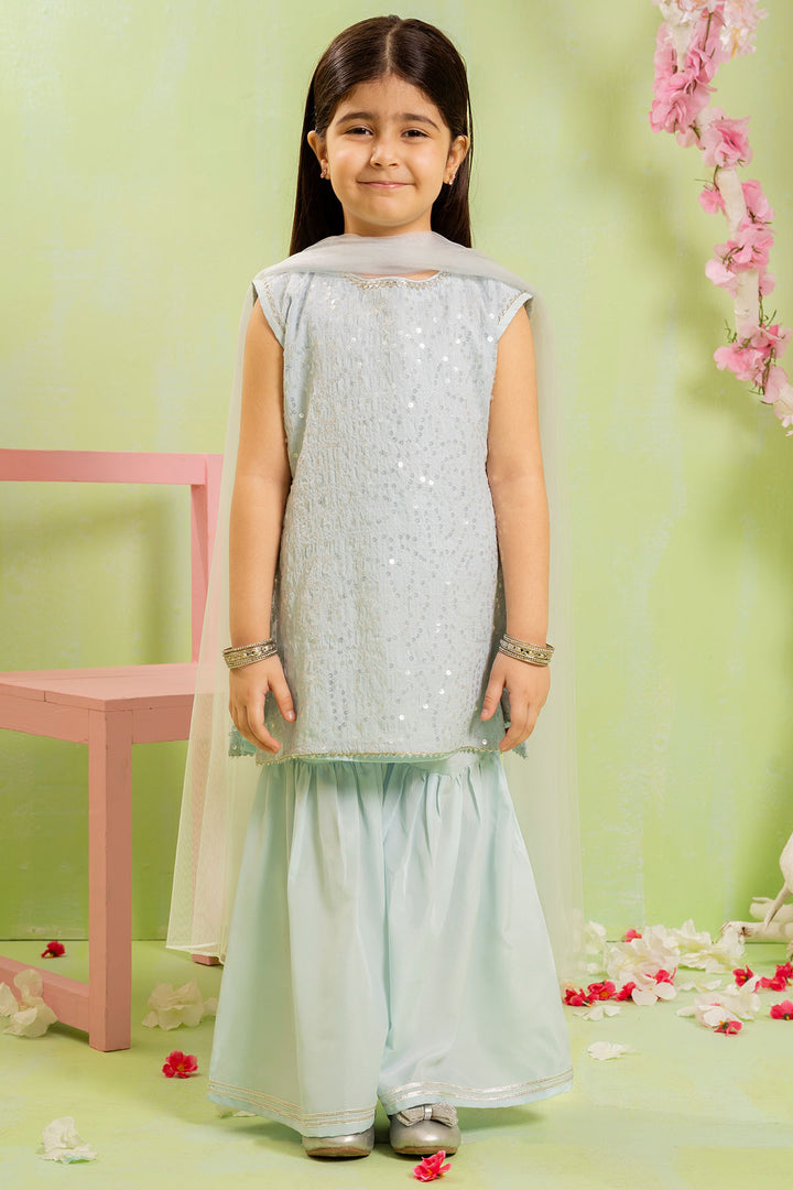Shop Sequence Embroidered Net 3 Pc Suit in stunning Ice Blue—elegant, stylish, and comfortable dress for girls.