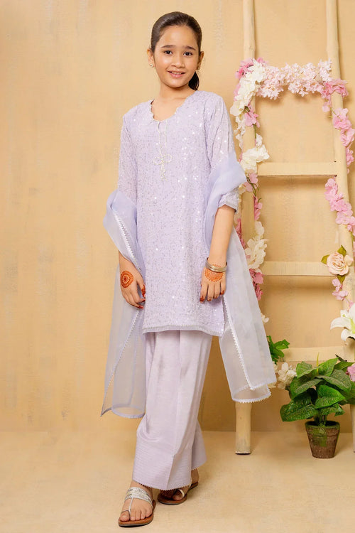Best Sequence Embroidered Net 3 Pc Suit - Wear Ochre -