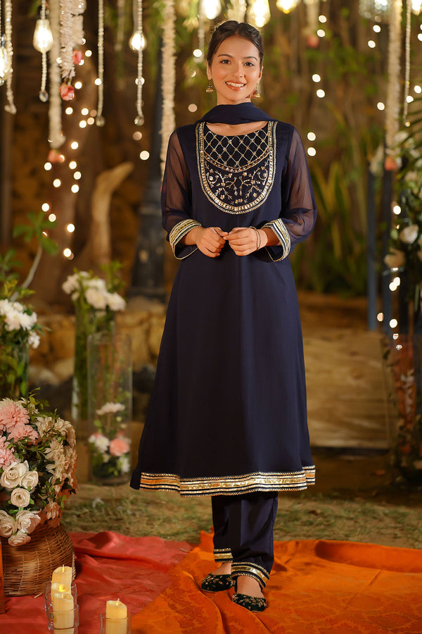 Elegant Chiffon Hand Adda Work 3 Pc Suit featuring a stunning maxi dress design. 