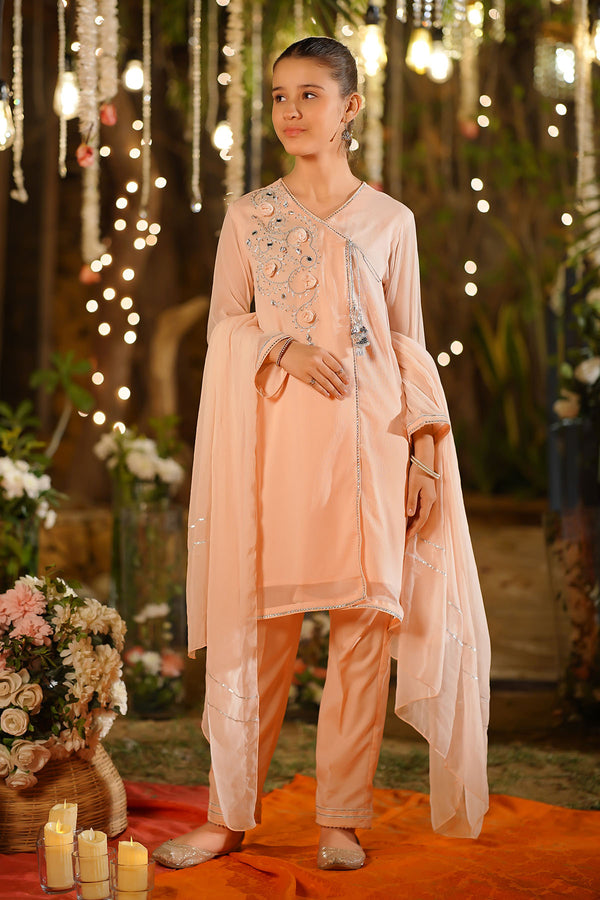 Shop the elegant Chiffon Hand Adda Work 3 Pc Suit in a beautiful peach color. 