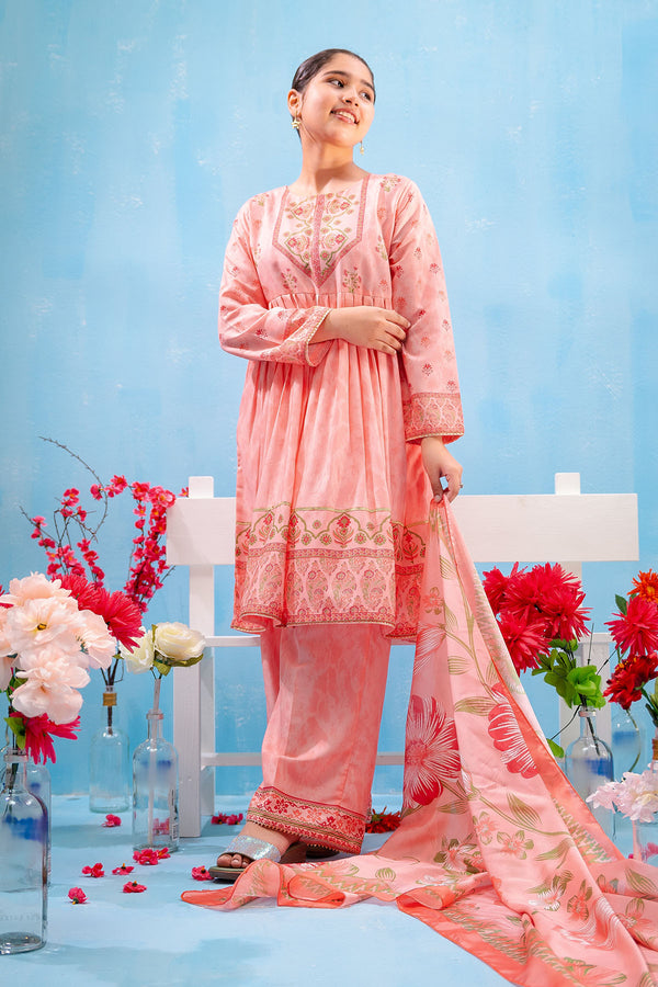 Stylish digital printed 3 pc suits for girls – lightweight, breathable & perfect for parties, Eid & special occasions.