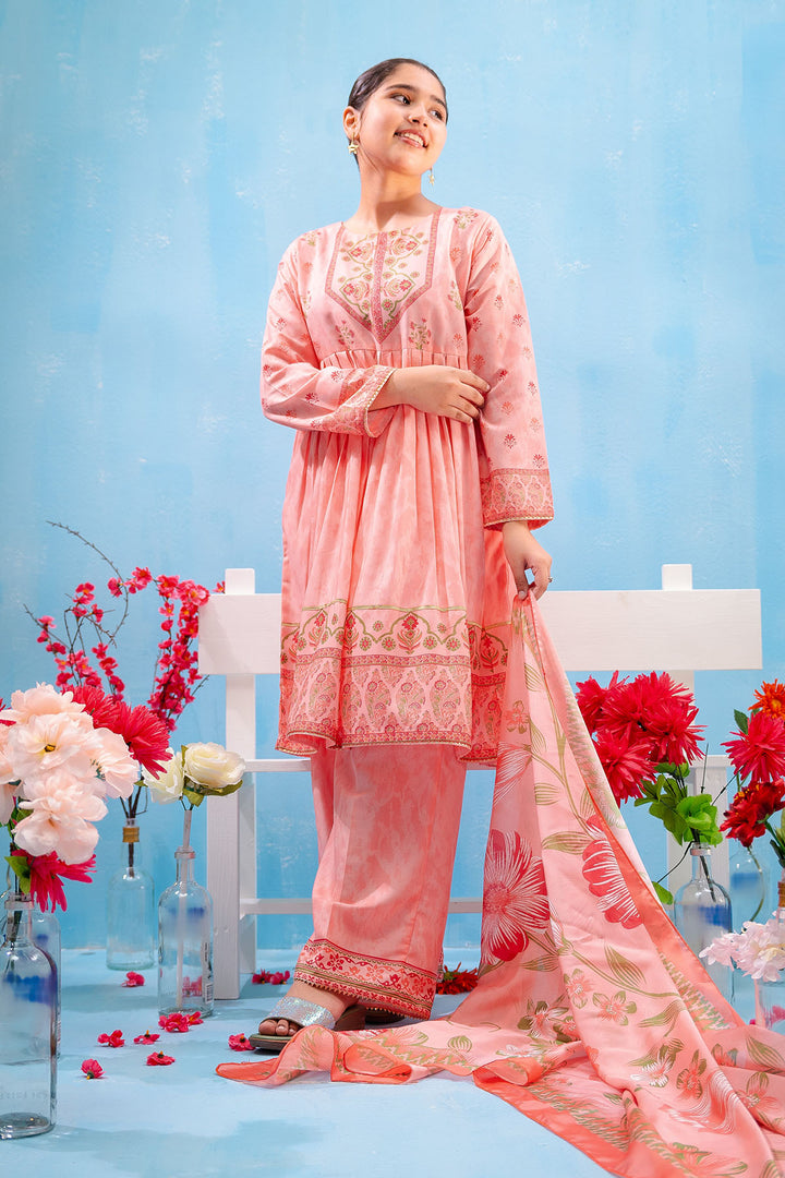 Stylish digital printed 3 pc suits for girls – lightweight, breathable & perfect for parties, Eid & special occasions.