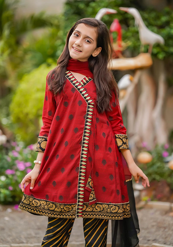 Cotton Jacquard Embroidered 3 Pc Suit - Wear Ochre