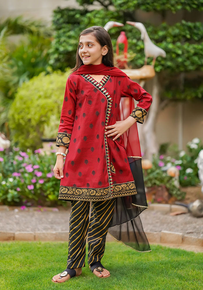 Cotton Jacquard Embroidered 3 Pc Suit - Wear Ochre