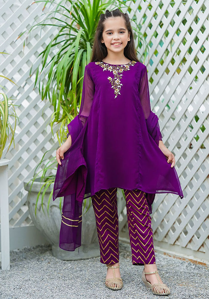 Chiffon Hand Work 3 Pc Suit - Wear Ochre