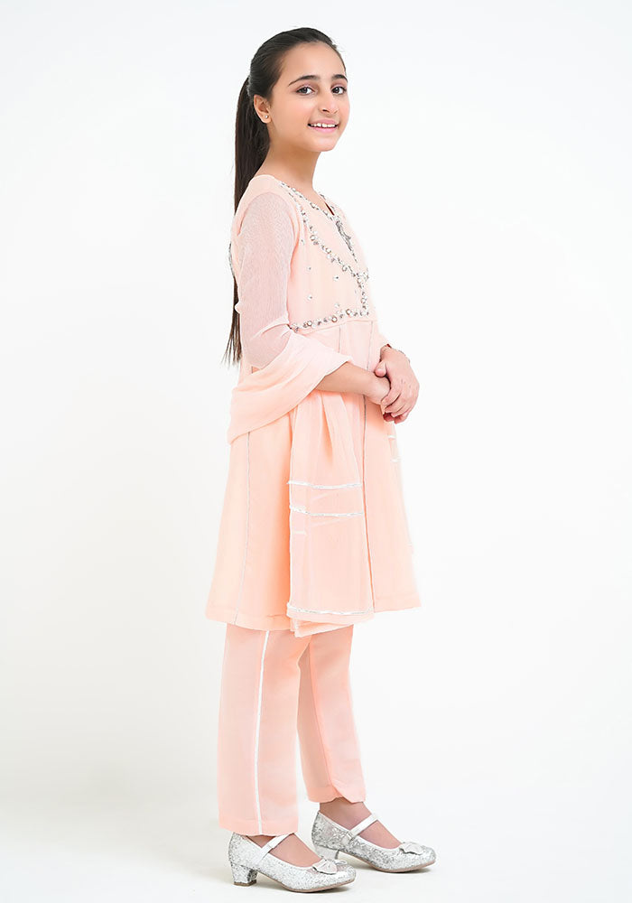 Chiffon Hand Work 3 Pc Suit - Wear Ochre