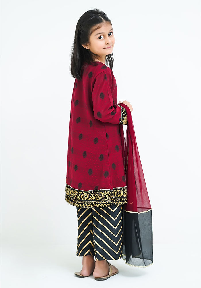 Cotton Jacquard Embroidered 3 Pc Suit - Wear Ochre