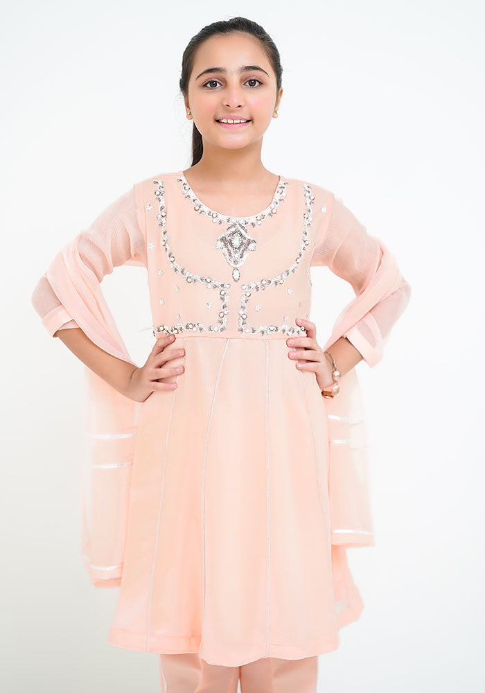 Chiffon Hand Work 3 Pc Suit - Wear Ochre