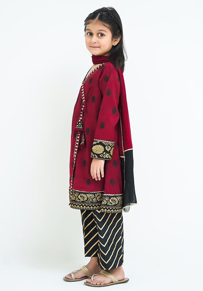 Cotton Jacquard Embroidered 3 Pc Suit - Wear Ochre