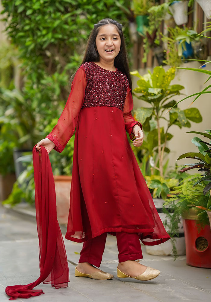 Chiffon Embroidered 3 Pc Suit - Wear Ochre