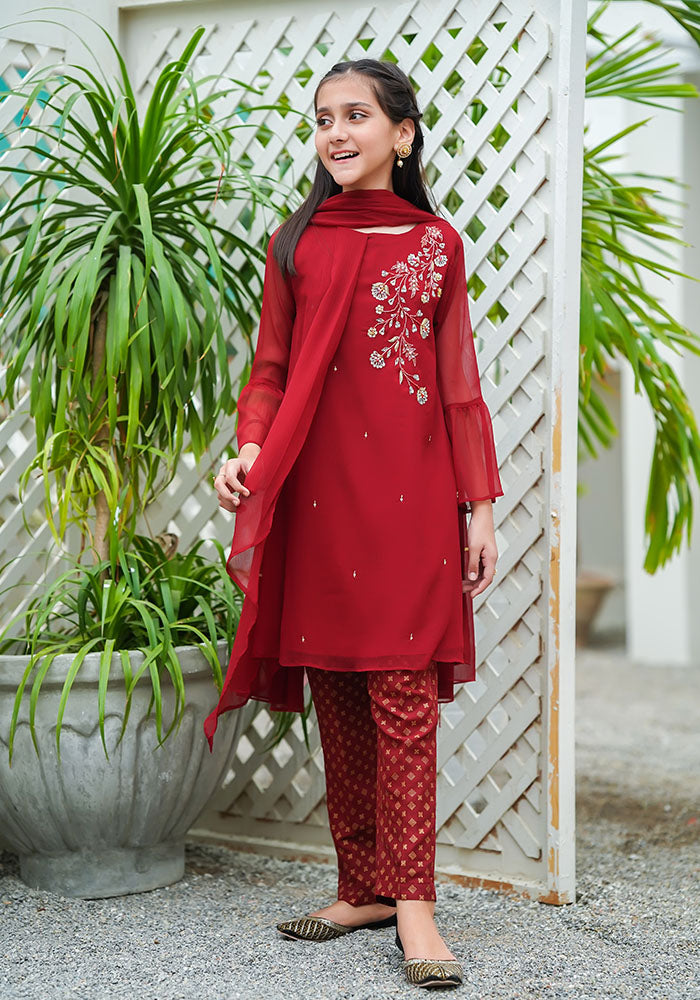 Chiffon Hand Work 3 Pc Suit - Wear Ochre