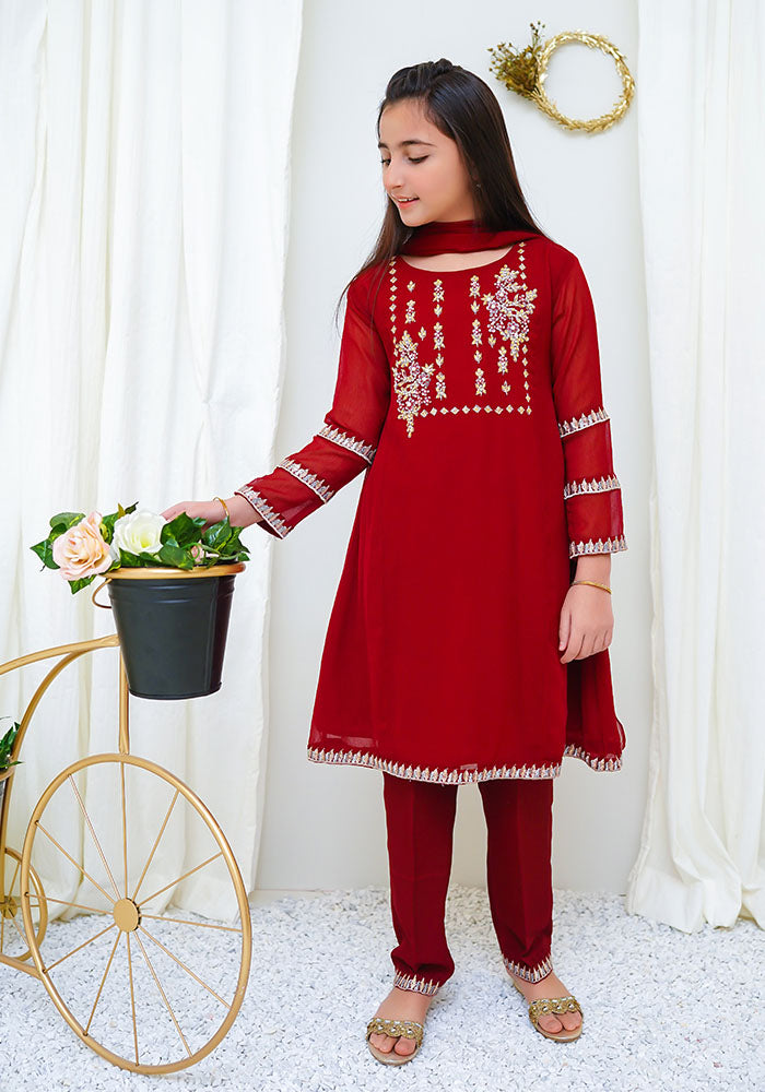 Chiffon Hand Work 3 Pc Suit - Wear Ochre